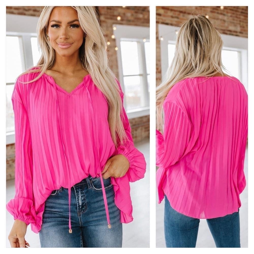 💞Lined, pleated tie neckline top/lantern sleeve/front panel lined/relaxed fit